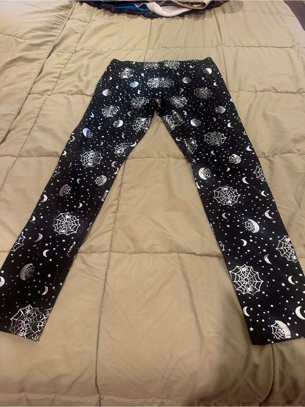 Black Leggings with White Moon & Spiderweb Pattern